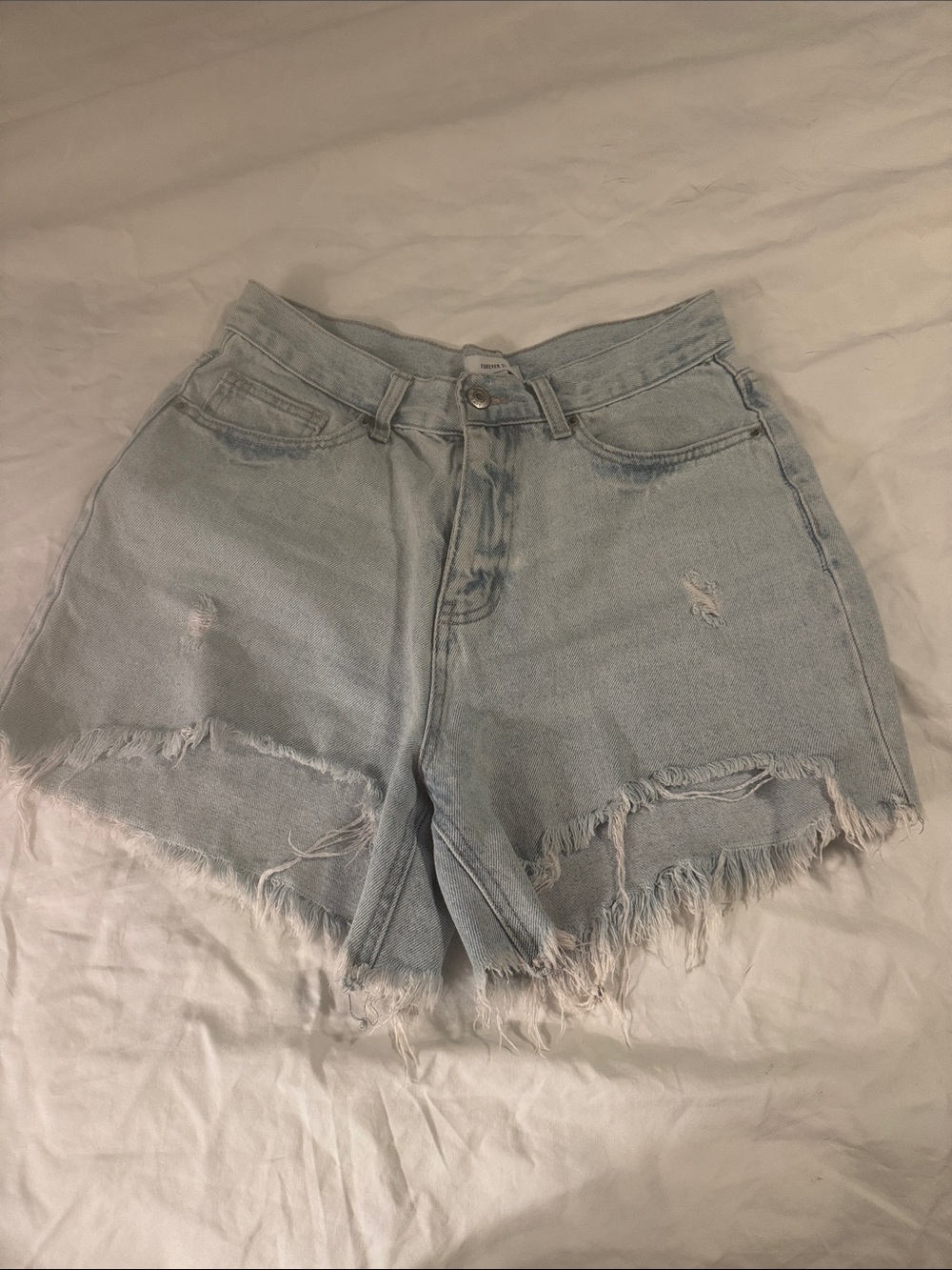 Forever 21 Light Wash Distressed High-Rise Denim Shorts
